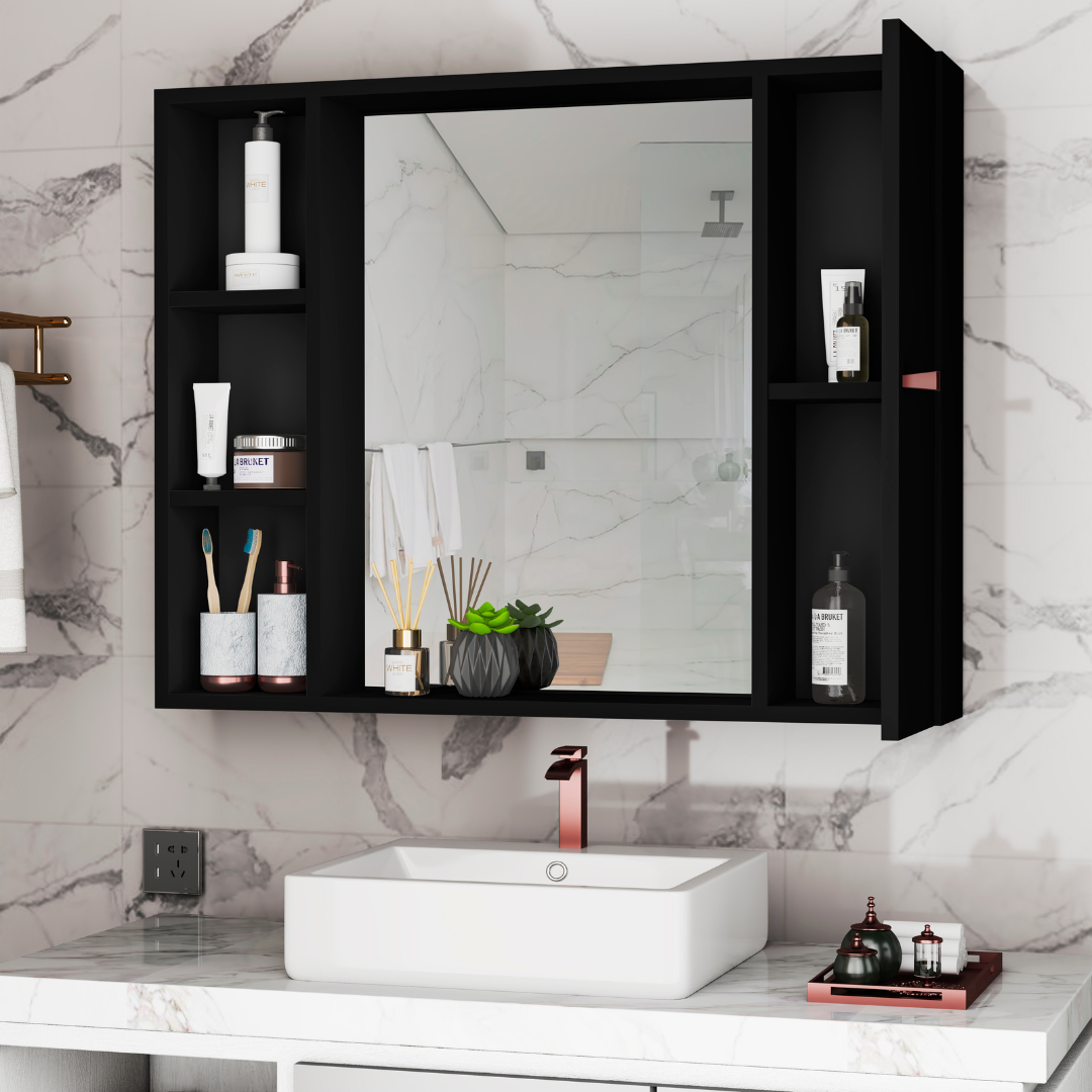 Armário para Banheiro com Espelho Tália – Móvel Compacto com Prateleiras e Porta, Branco ou Preto