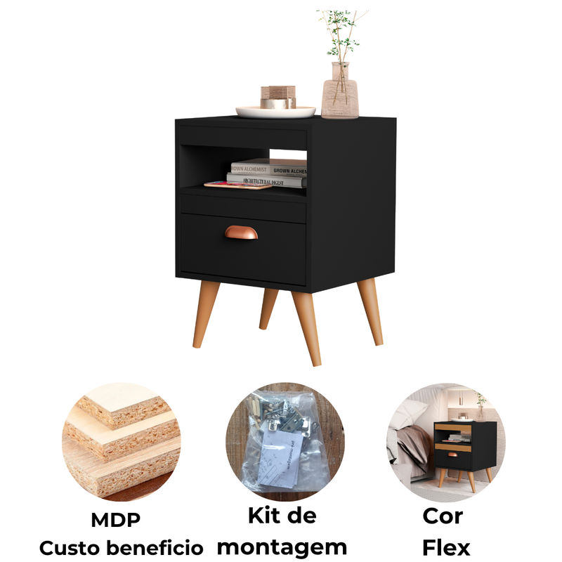 Kit 2 Mesas de Cabeceira Alice – Moderno com Gaveta, Nicho e Pés, Compacto para Quarto