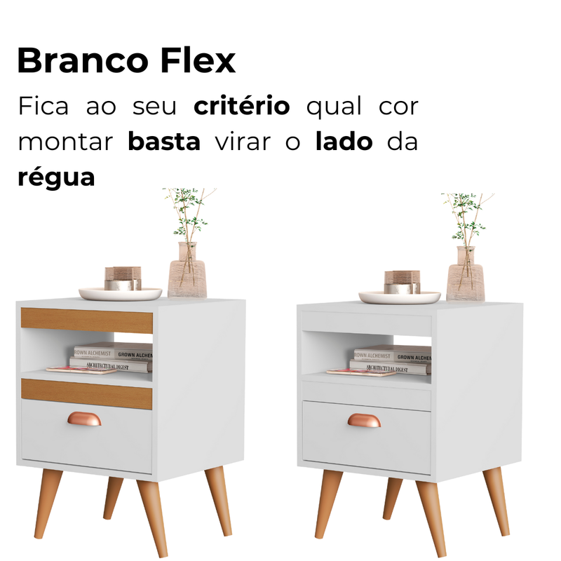 Kit 2 Mesas de Cabeceira Alice – Moderno com Gaveta, Nicho e Pés, Compacto para Quarto