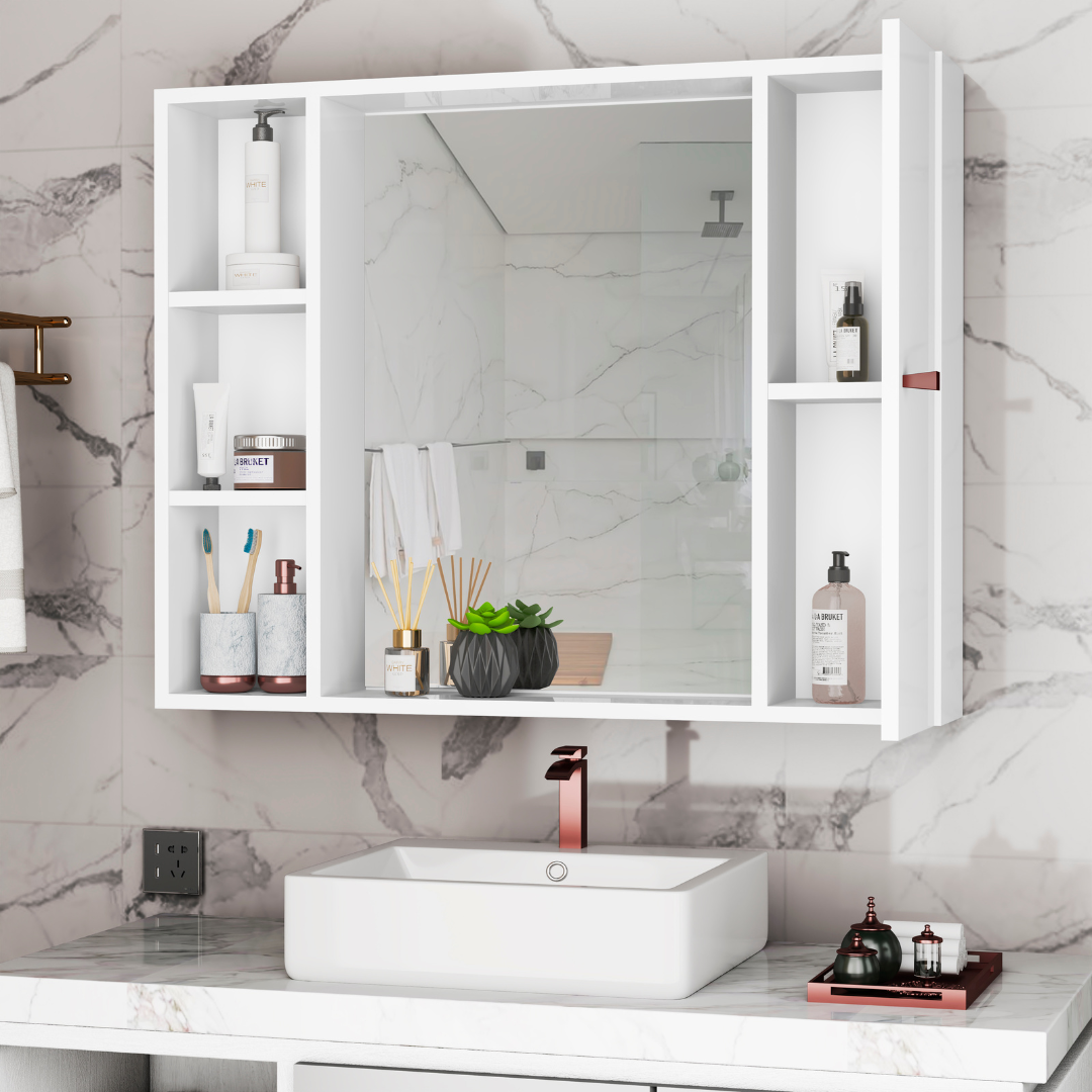 Armário para Banheiro com Espelho Tália – Móvel Compacto com Prateleiras e Porta, Branco ou Preto