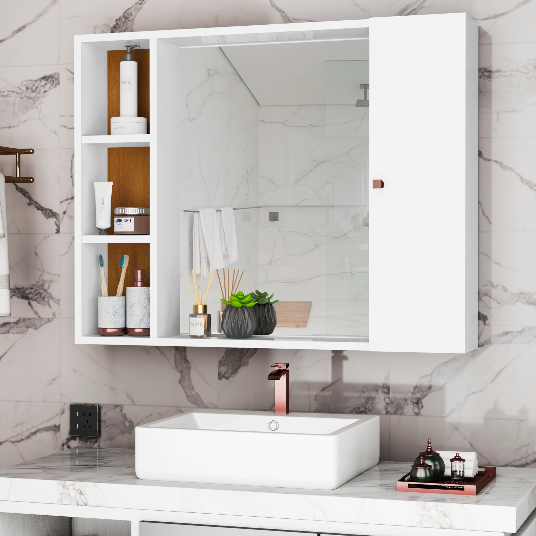 Armário para Banheiro com Espelho Tália – Móvel Compacto com Prateleiras e Porta, Branco ou Preto