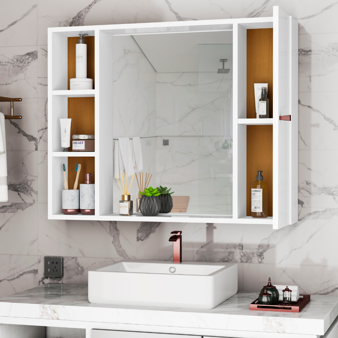 Armário para Banheiro com Espelho Tália – Móvel Compacto com Prateleiras e Porta, Branco ou Preto