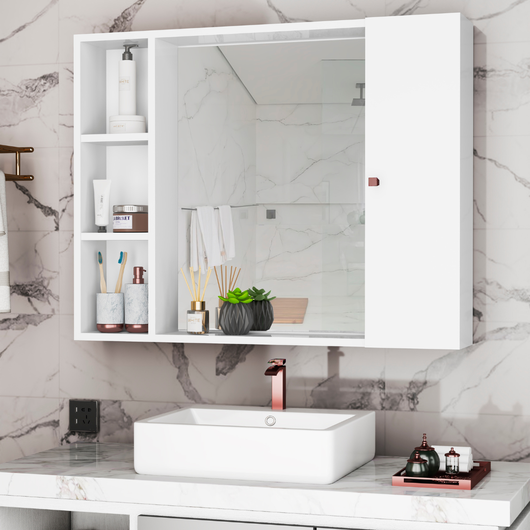 Armário para Banheiro com Espelho Tália – Móvel Compacto com Prateleiras e Porta, Branco ou Preto