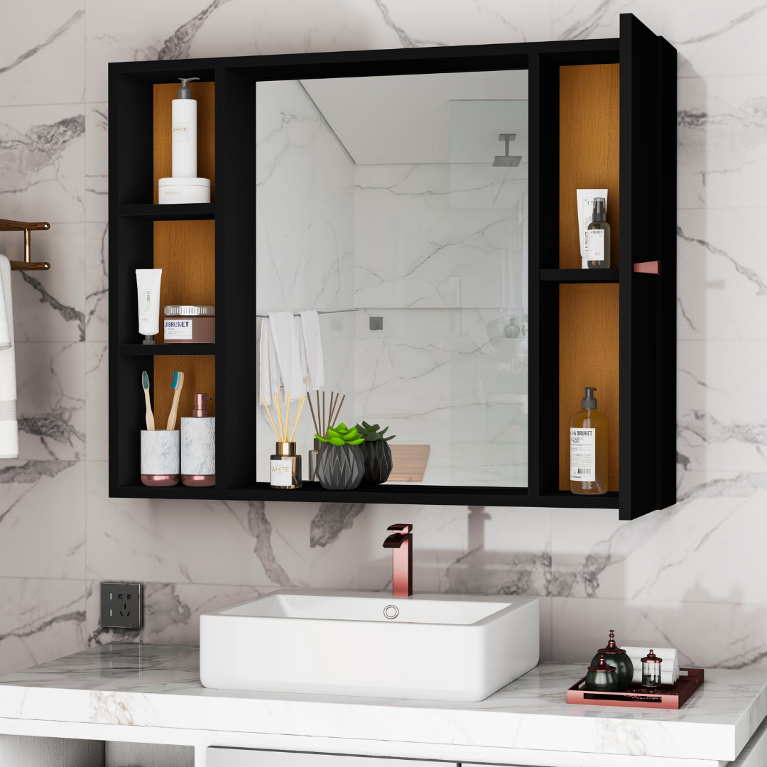 Armário para Banheiro com Espelho Tália – Móvel Compacto com Prateleiras e Porta, Branco ou Preto