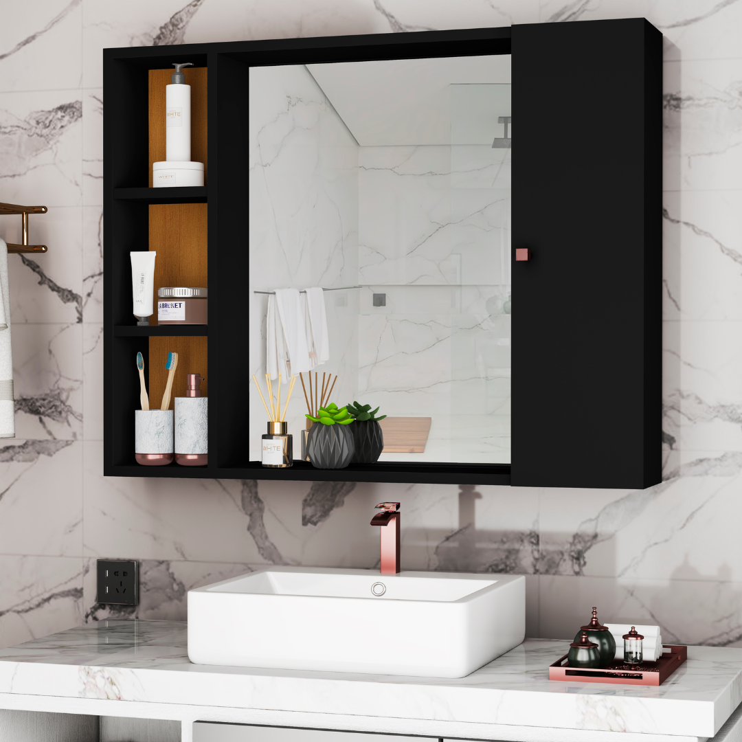 Armário para Banheiro com Espelho Tália – Móvel Compacto com Prateleiras e Porta, Branco ou Preto