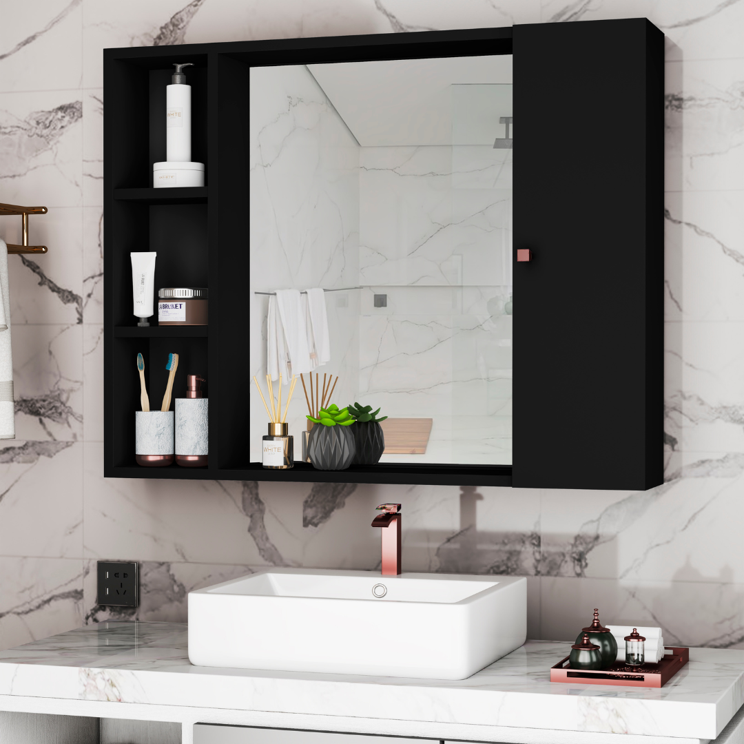 Armário para Banheiro com Espelho Tália – Móvel Compacto com Prateleiras e Porta, Branco ou Preto