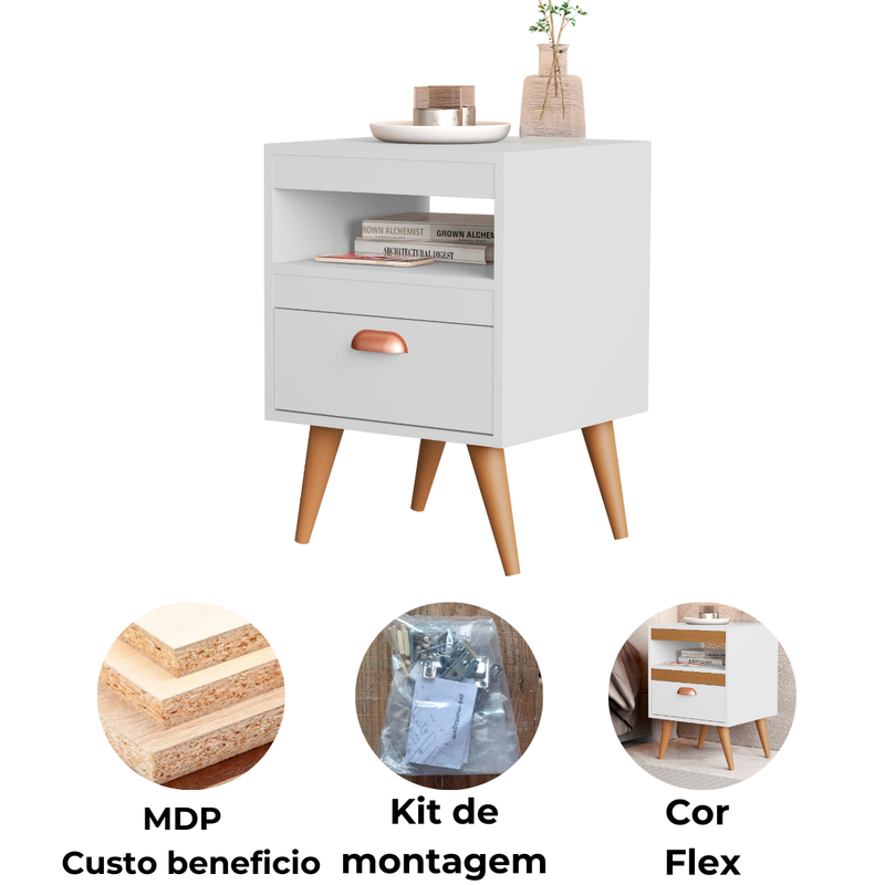 Kit 2 Mesas de Cabeceira Alice – Moderno com Gaveta, Nicho e Pés, Compacto para Quarto