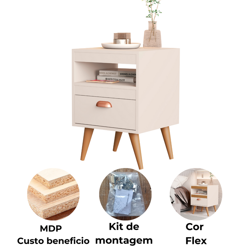 Kit 2 Mesas de Cabeceira Alice – Moderno com Gaveta, Nicho e Pés, Compacto para Quarto
