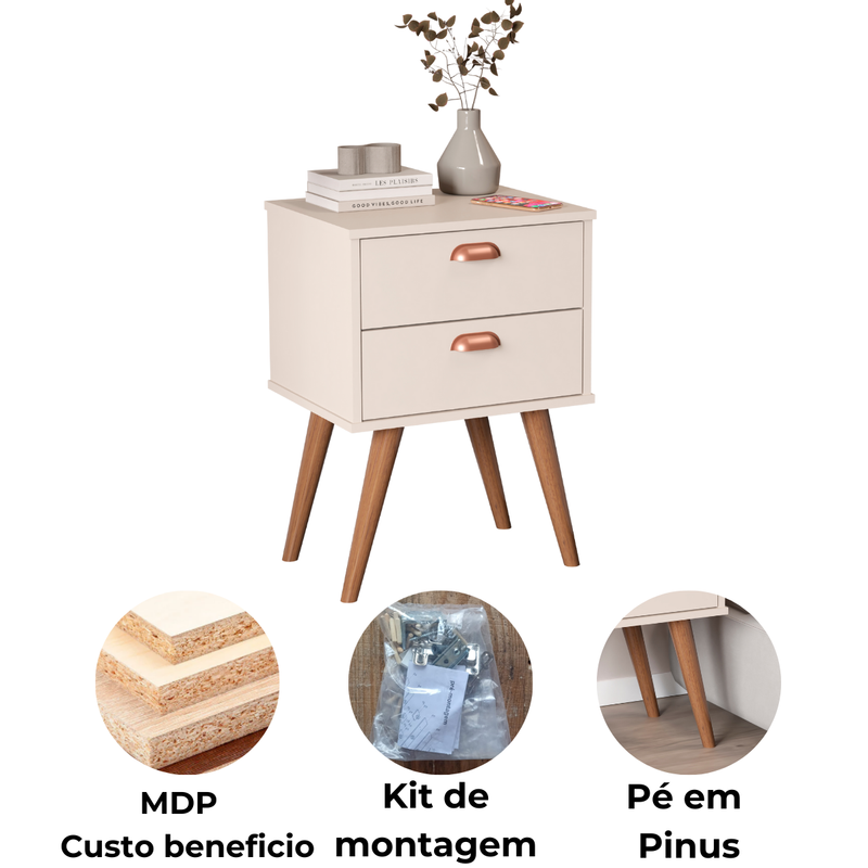 Mesa de Cabeceira Janus – Com 2 Gavetas e Pés de Madeira, Compacto e Moderno para Quarto