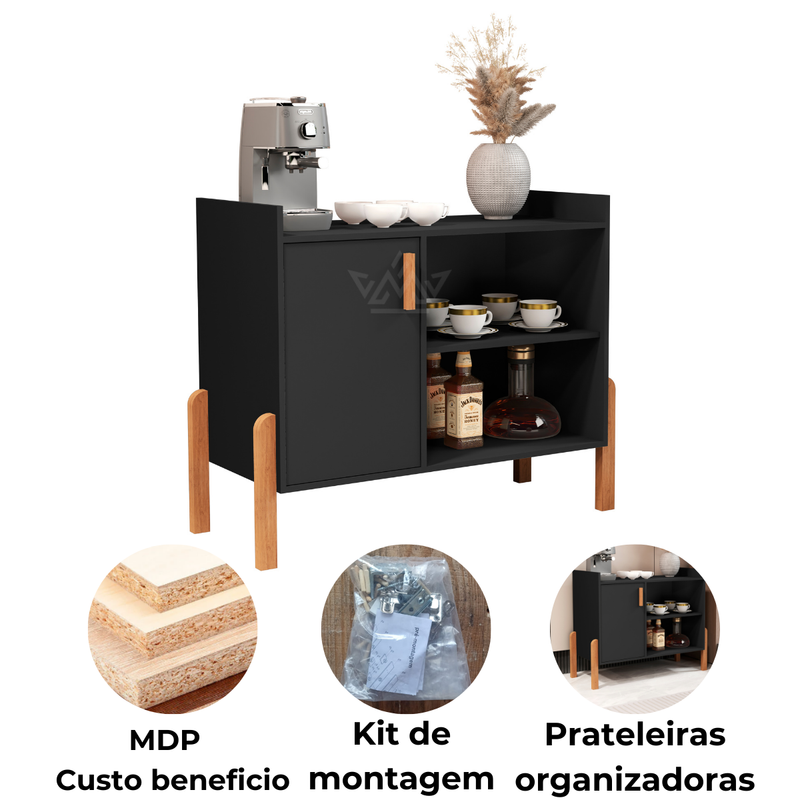 Buffet Aparador Luxor para Cantinho do Café – 1 Porta, Estilo Retrô com Prateleiras e Pés de Madeira