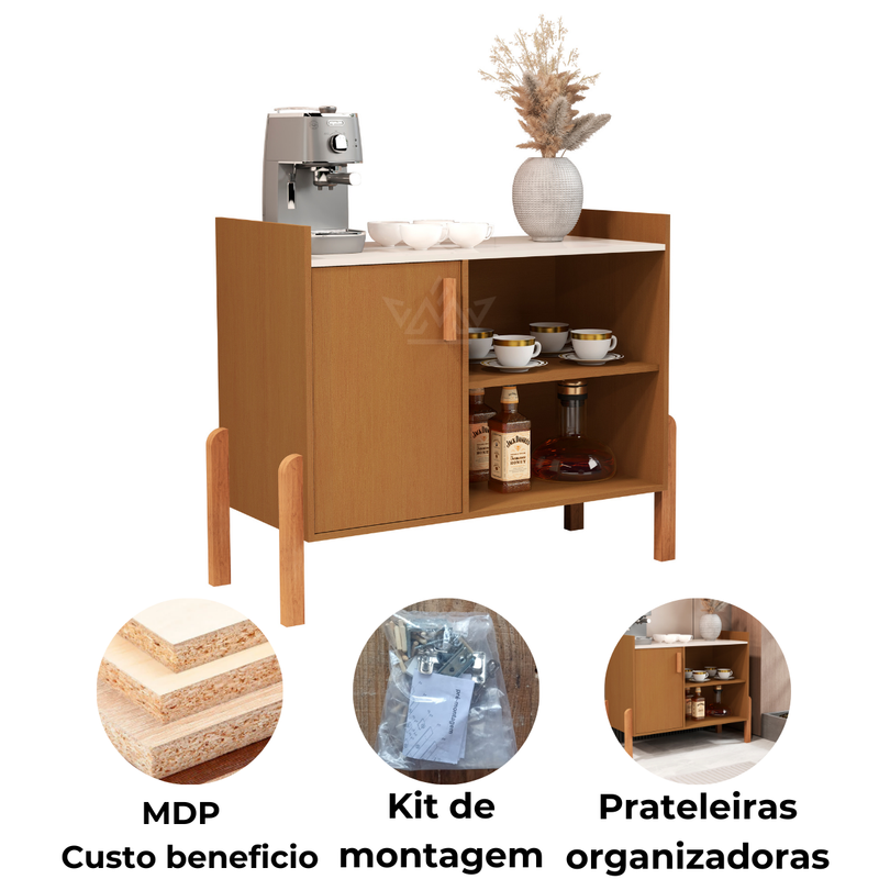 Buffet Aparador Luxor para Cantinho do Café – 1 Porta, Estilo Retrô com Prateleiras e Pés de Madeira