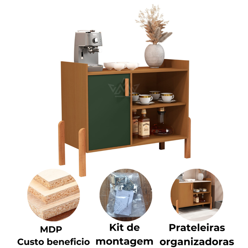 Buffet Aparador Luxor para Cantinho do Café – 1 Porta, Estilo Retrô com Prateleiras e Pés de Madeira