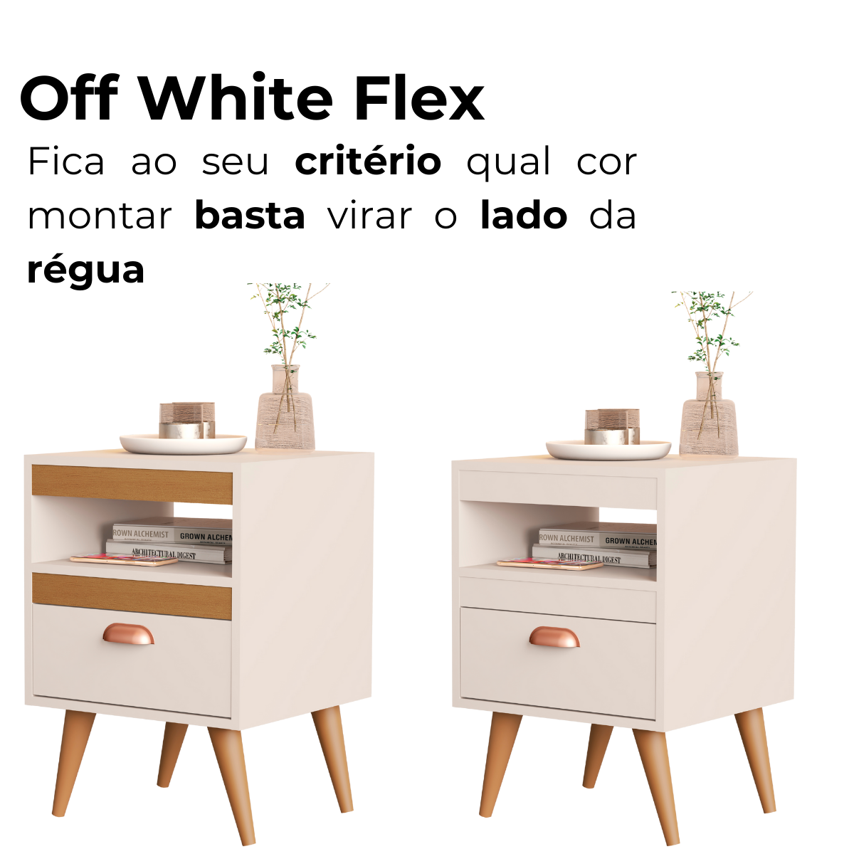 Kit 2 Mesas de Cabeceira Alice – Moderno com Gaveta, Nicho e Pés, Compacto para Quarto