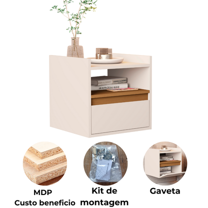 Mesa de Cabeceira Suspensa Minerva – Com Gaveta e Prateleira, Compacto e Moderno para Quarto