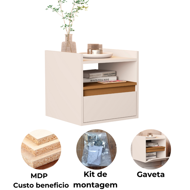 Mesa de Cabeceira Suspensa Minerva – Com Gaveta e Prateleira, Compacto e Moderno para Quarto