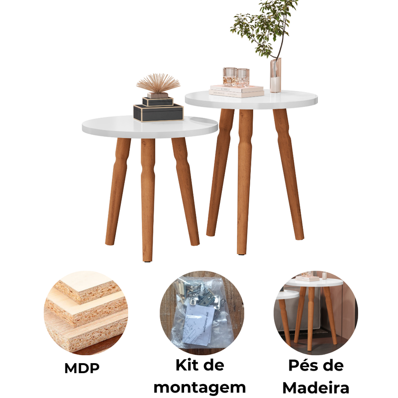 Kit Mesa de Centro Redonda Atlanta – 2 Unidades com Pés Torneados, Design Clássico e Elegante para Sala