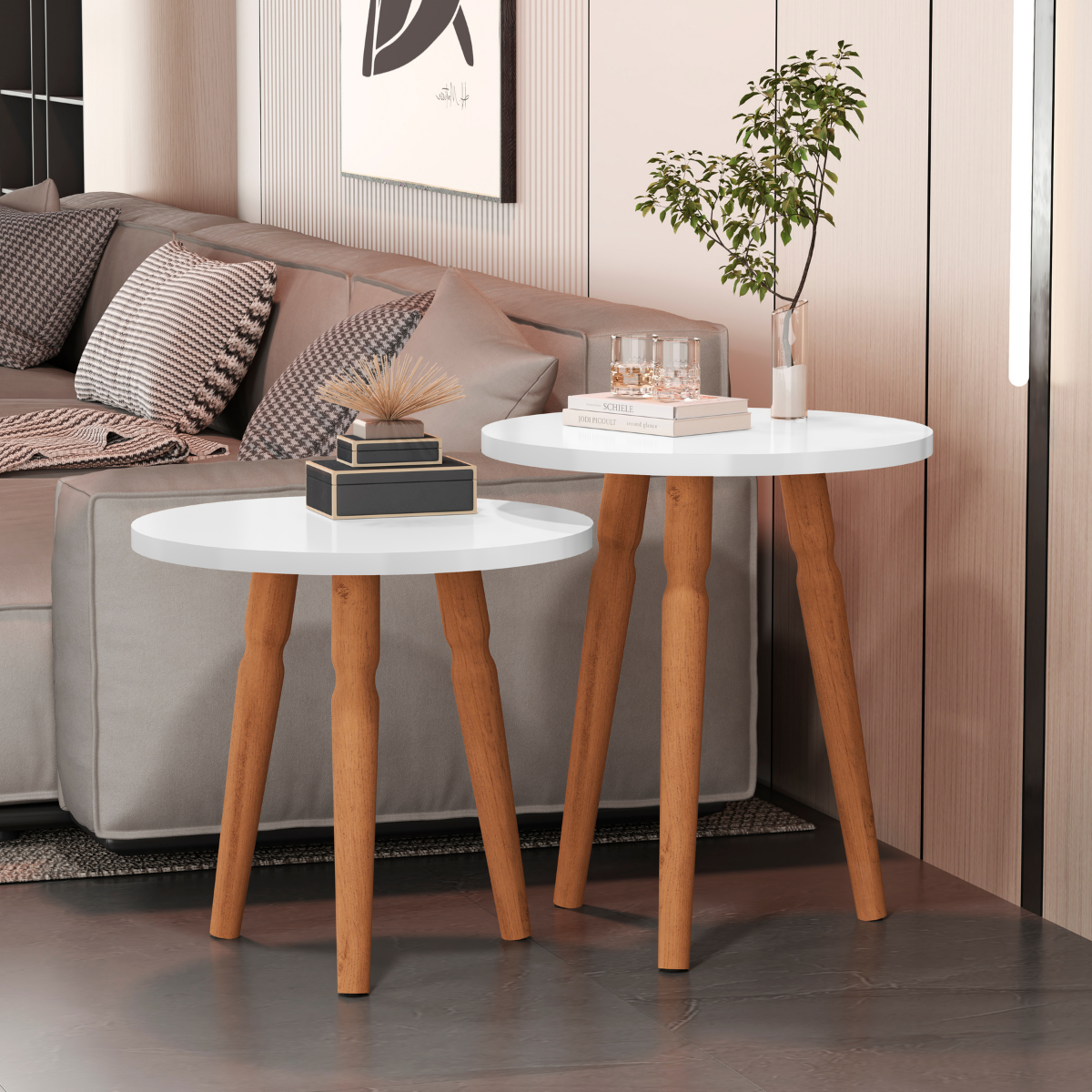 Kit Mesa de Centro Redonda Atlanta – 2 Unidades com Pés Torneados, Design Clássico e Elegante para Sala
