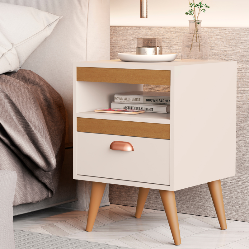 Kit 2 Mesas de Cabeceira Alice – Moderno com Gaveta, Nicho e Pés, Compacto para Quarto