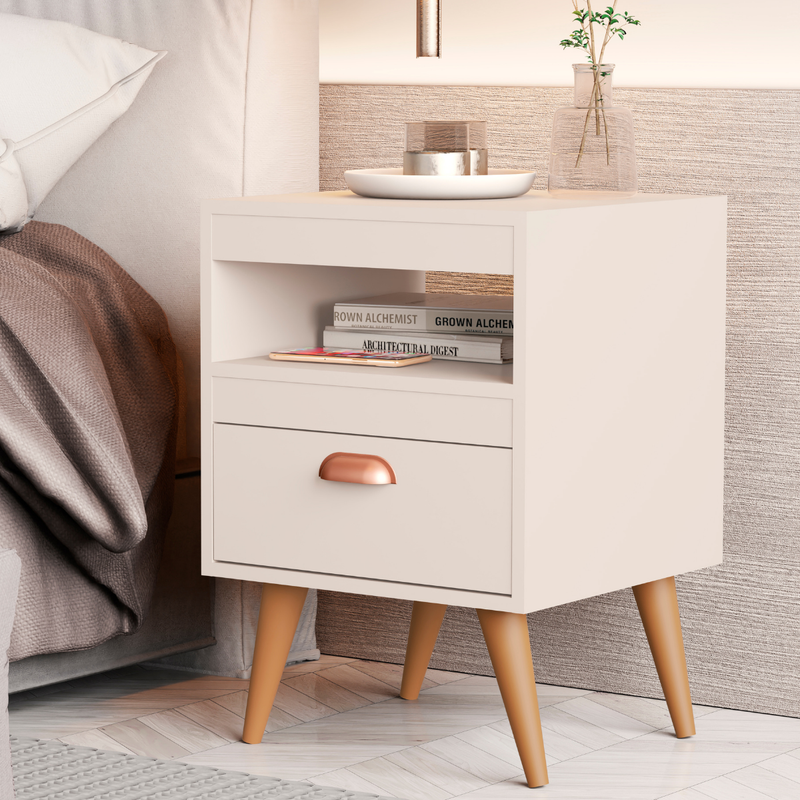 Kit 2 Mesas de Cabeceira Alice – Moderno com Gaveta, Nicho e Pés, Compacto para Quarto