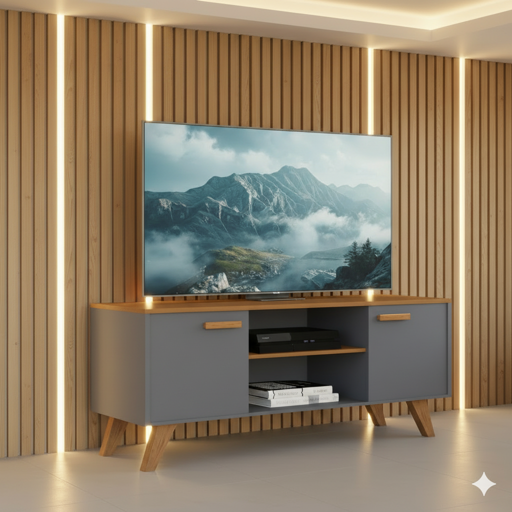 Rack Para Sala de Estar, Estante para TV Moderno Com Prateleiras Rebeca para até 50 Polegadas Cinza