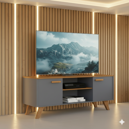 Rack Para Sala de Estar, Estante para TV Moderno Com Prateleiras Rebeca para até 50 Polegadas Cinza