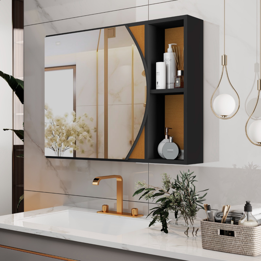 Armário de Banheiro com Espelho Arredondado Carolina – Compacto, Moderno e Funcional, Preto ou Branco Flex