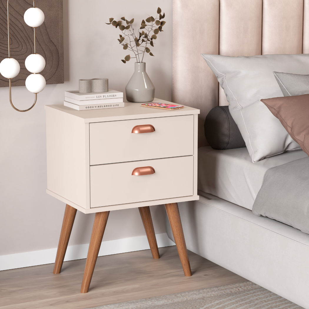 Mesa de Cabeceira Janus – Com 2 Gavetas e Pés de Madeira, Compacto e Moderno para Quarto