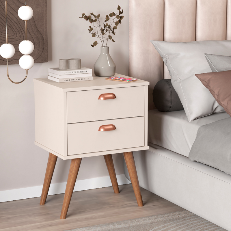 Mesa de Cabeceira Janus – Com 2 Gavetas e Pés de Madeira, Compacto e Moderno para Quarto