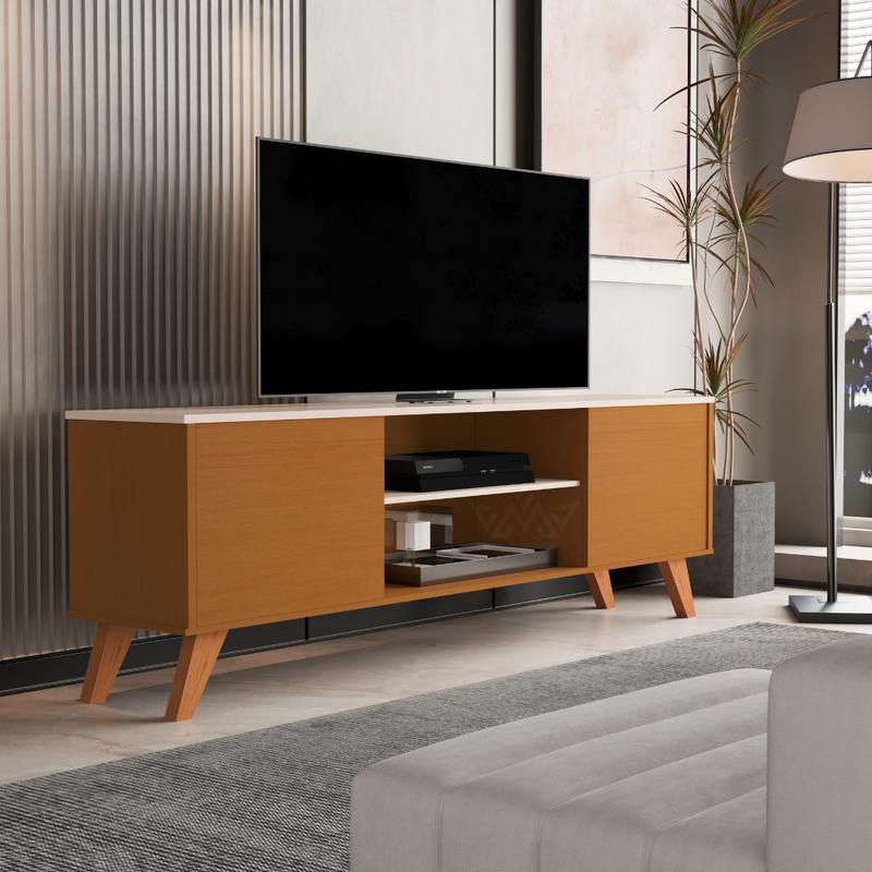 Rack para TV até 57 Polegadas Helena – Estilo Moderno com Prateleiras, Portas e Pés de Madeira