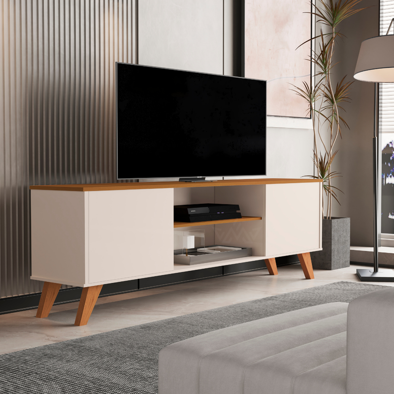 Rack para TV até 57 Polegadas Helena – Estilo Moderno com Prateleiras, Portas e Pés de Madeira