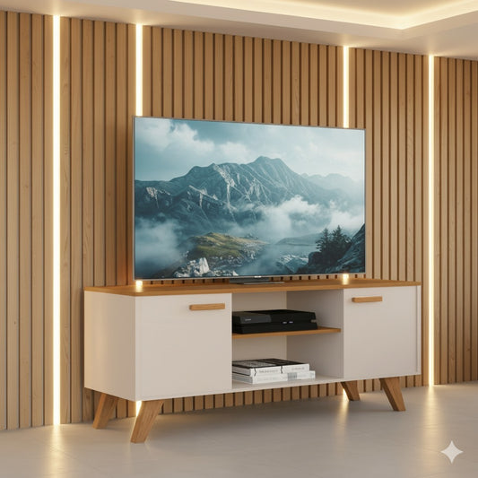 Rack Para Sala de Estar, Estante para TV Moderno Com Prateleiras Rebeca para até 50 Polegadas Nature Off White