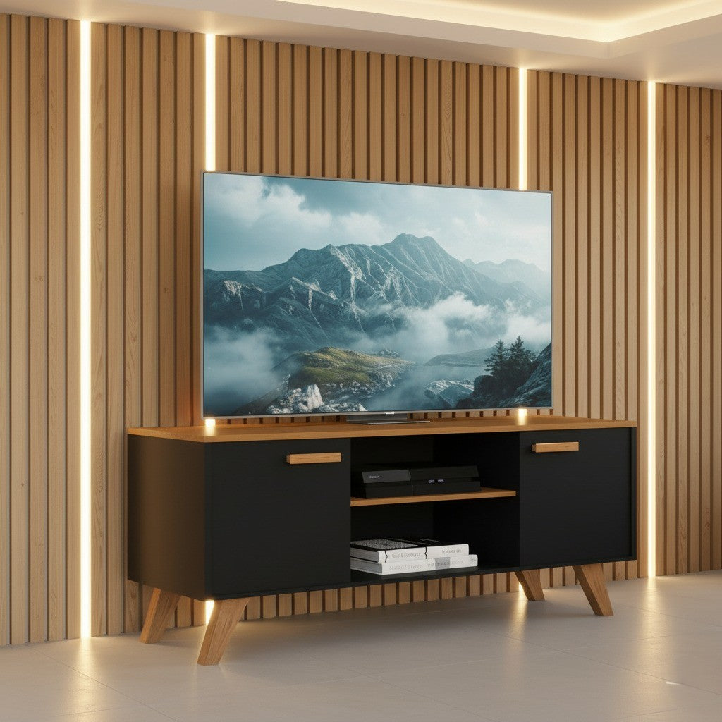 Rack Para Sala de Estar, Estante para TV Moderno Com Prateleiras Rebeca para até 50 Polegadas Nature