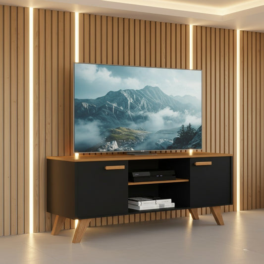 Rack Para Sala de Estar, Estante para TV Moderno Com Prateleiras Rebeca para até 50 Polegadas Nature