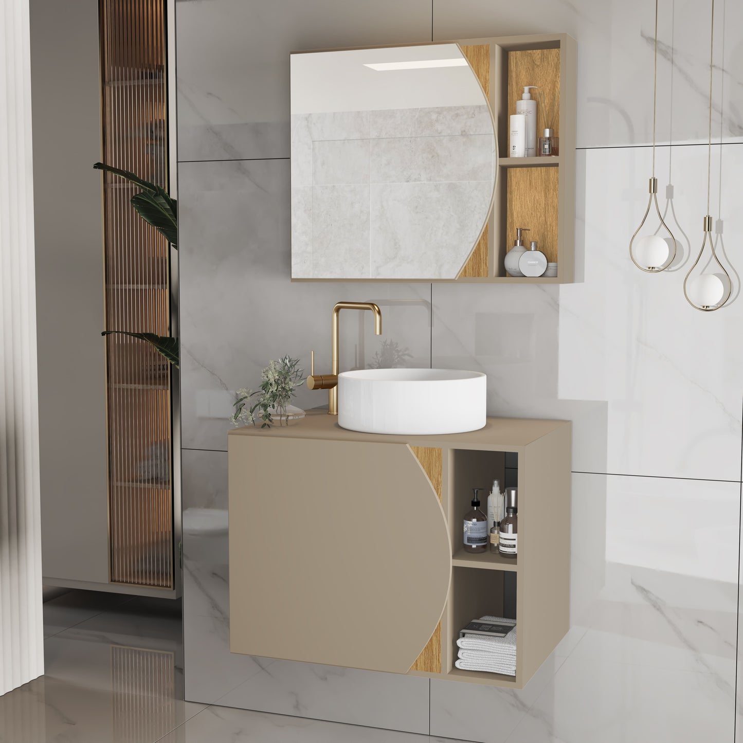 Gabinete Banheiro Carolina com Espelheira e Cuba MDF Resistente à Umidade, Armário Completo para Banheiro