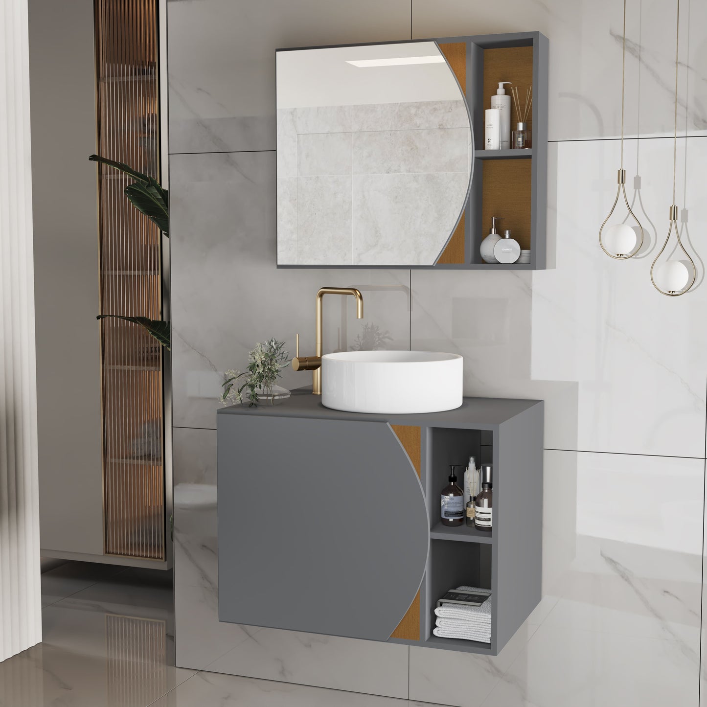 Gabinete Banheiro Carolina com Espelheira e Cuba MDF Resistente à Umidade, Armário Completo para Banheiro