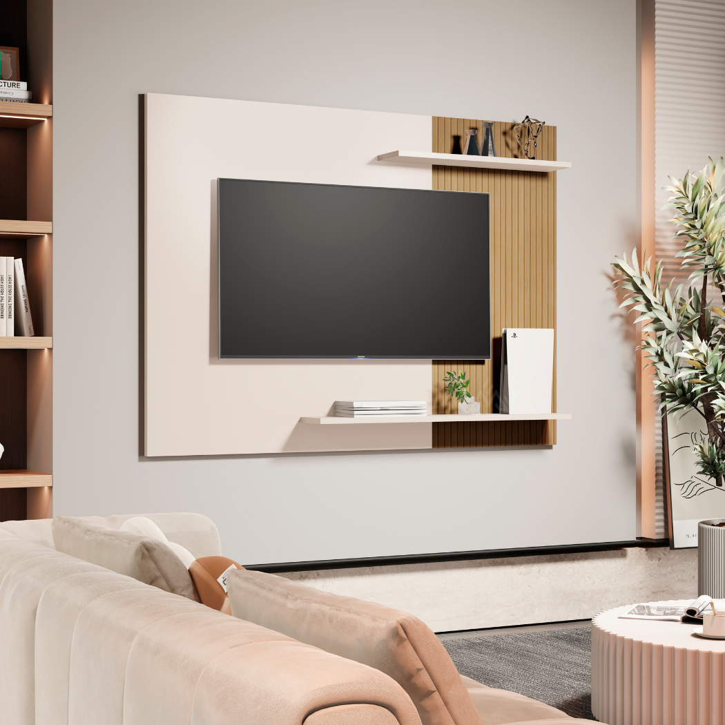 Painel para TV até 50 Polegadas Menfis – Ripado Moderno com Prateleiras, Fixação Segura e Design Elegante