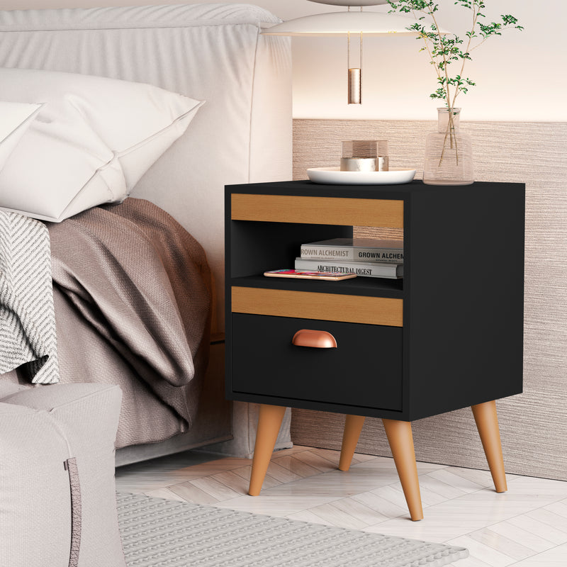 Kit 2 Mesas de Cabeceira Alice – Moderno com Gaveta, Nicho e Pés, Compacto para Quarto