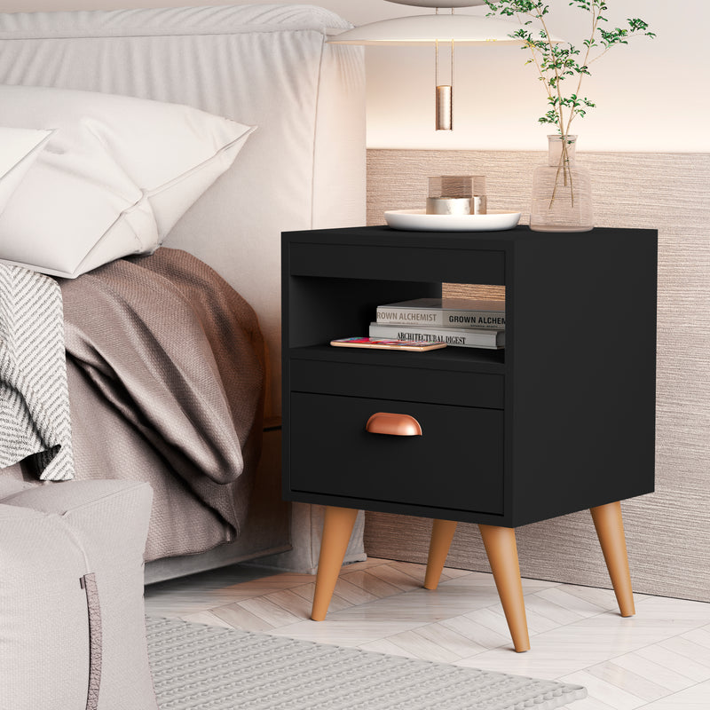 Kit 2 Mesas de Cabeceira Alice – Moderno com Gaveta, Nicho e Pés, Compacto para Quarto
