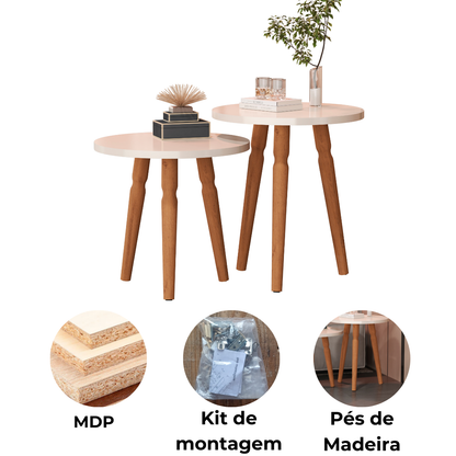 Kit Mesa de Centro Redonda Atlanta – 2 Unidades com Pés Torneados, Design Clássico e Elegante para Sala