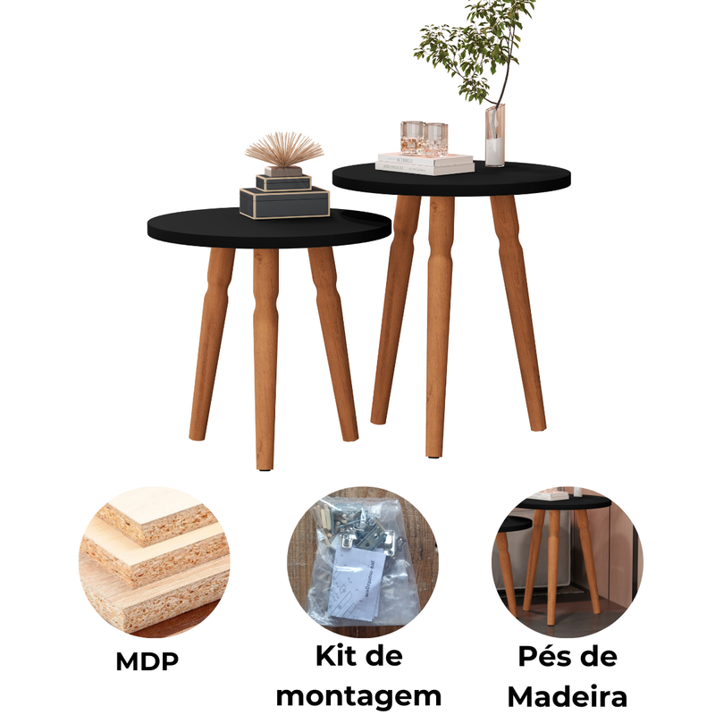 Kit Mesa de Centro Redonda Atlanta – 2 Unidades com Pés Torneados, Design Clássico e Elegante para Sala