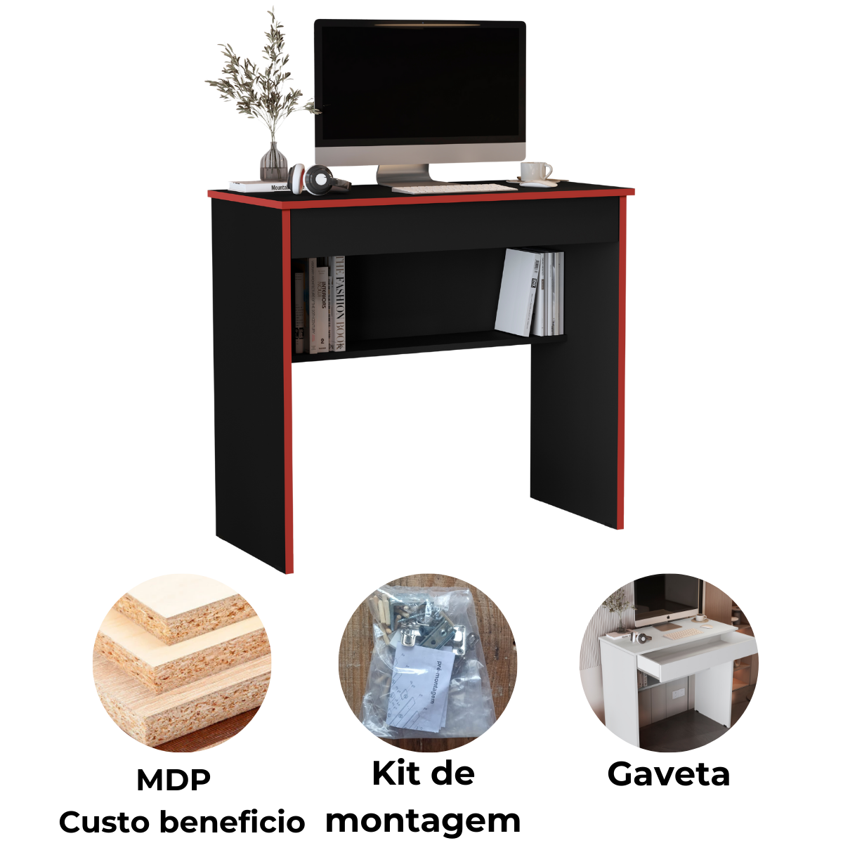 Mesa de Computador Vitória – Escrivaninha Gamer com 1 Gaveta e Prateleira, Compacta e Versátil para Escritório ou Quarto