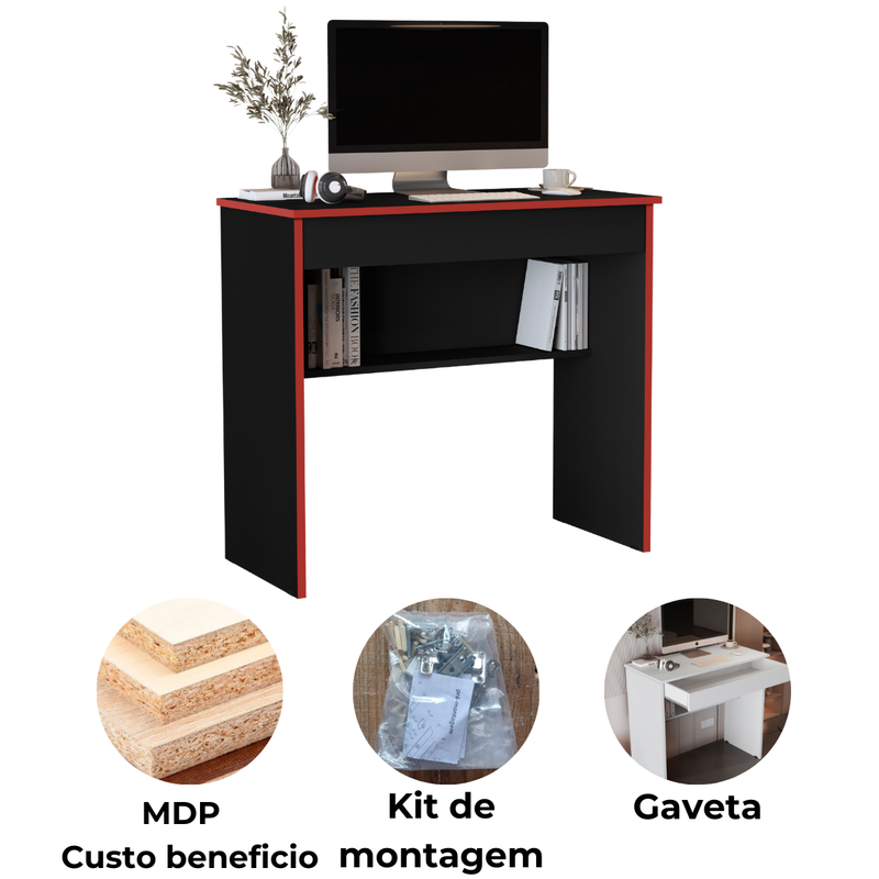 Mesa de Computador Vitória – Escrivaninha Gamer com 1 Gaveta e Prateleira, Compacta e Versátil para Escritório ou Quarto
