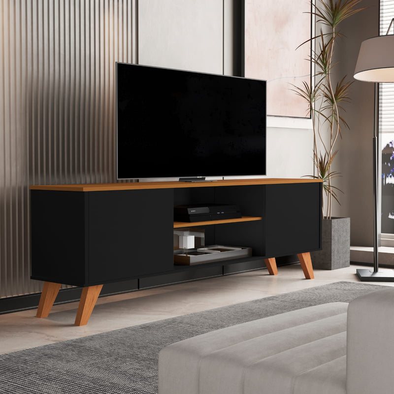 Rack para TV até 57 Polegadas Helena – Estilo Moderno com Prateleiras, Portas e Pés de Madeira