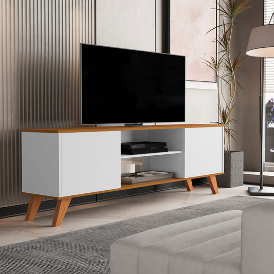 Rack para TV até 57 Polegadas Helena – Estilo Moderno com Prateleiras, Portas e Pés de Madeira Mobi Shop