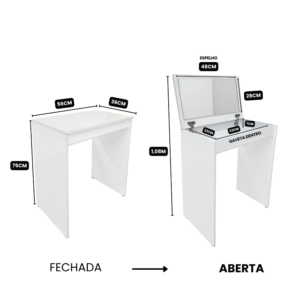Penteadeira Quimera com Espelho – Compacta e Funcional para Quarto ou Camarim, Cor Branco