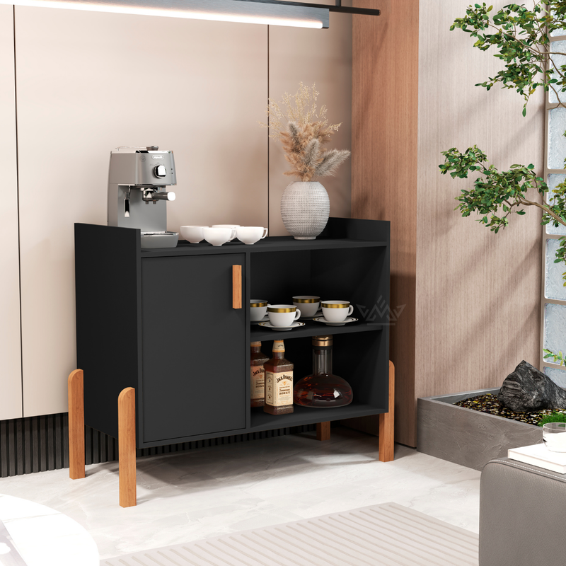 Buffet Aparador Luxor para Cantinho do Café – 1 Porta, Estilo Retrô com Prateleiras e Pés de Madeira