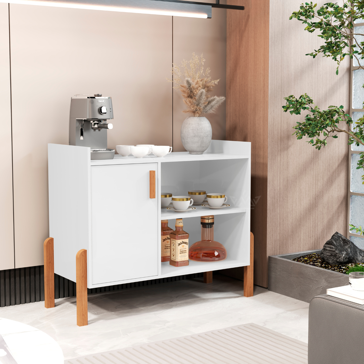 Buffet Aparador Luxor para Cantinho do Café – 1 Porta, Estilo Retrô com Prateleiras e Pés de Madeira